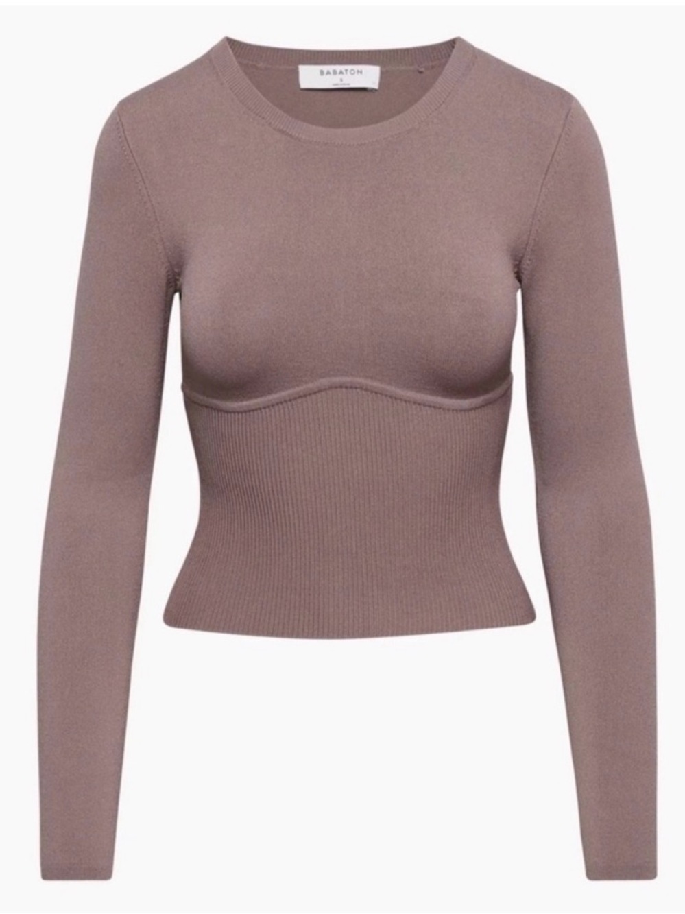 Aritzia Babaton Taupe Sculpted Ribbed Long-Sleeve Top